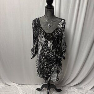 Bisou Bisou Beaded Tunic Womens Size XL Black White Sheer Scoop Neck Top NEW